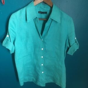 Linen teal button down blouse